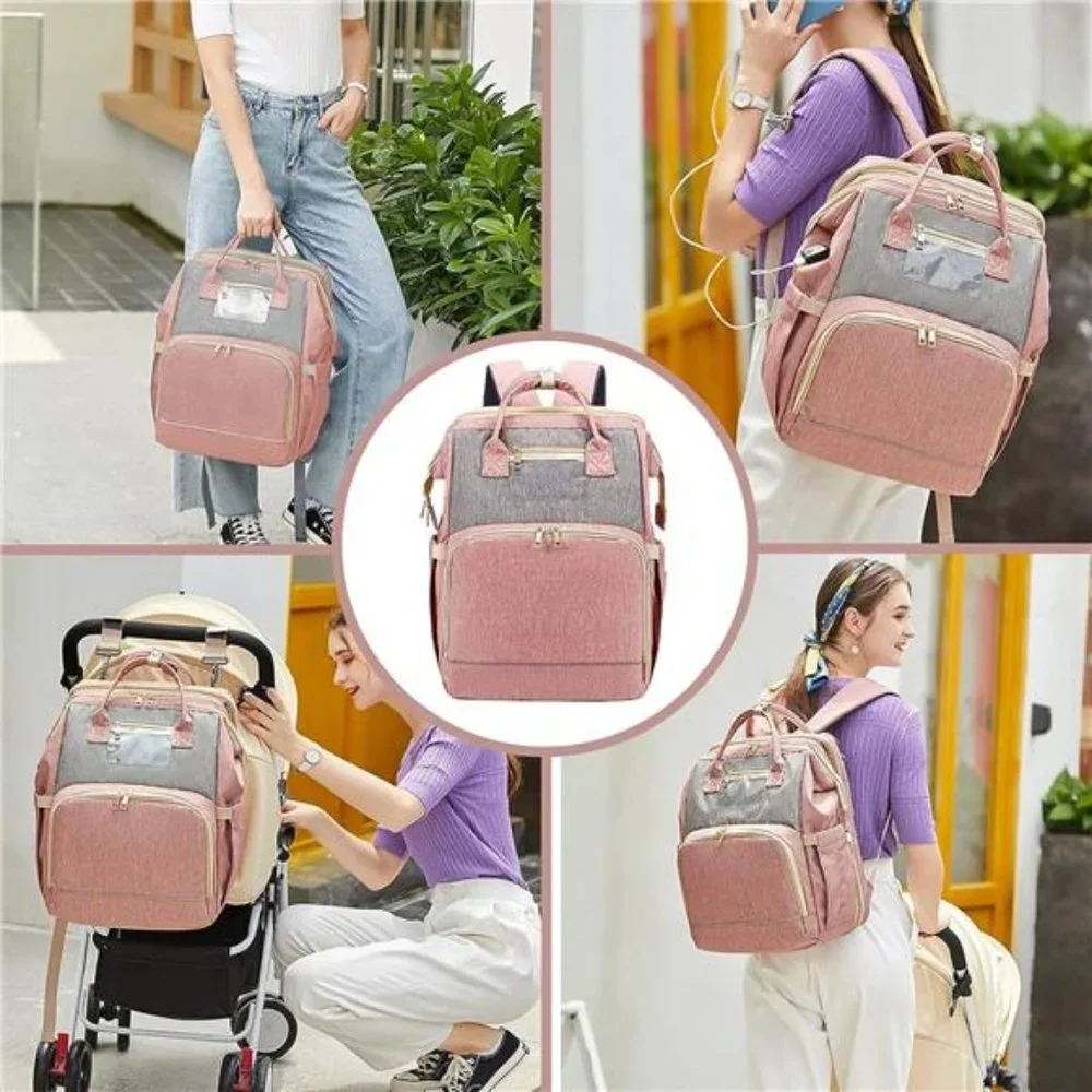 Diaper Bag Backpack, Large with USB Charging Port, Multifunction, Pink Gray